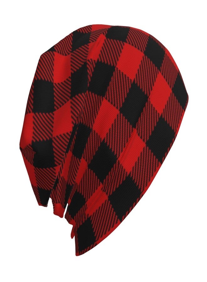 KKRMTUG Red and Black Buffalo Plaid Beanie Hat for Women Men Cute Christmas Knitted Hat Soft Stretchy Ski Beanie Cap Unisex Slouchy Skull Caps - Image 2
